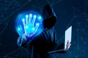 Business office overlaid with digital cybersecurity elements like firewalls, encryption, and biometric scans.