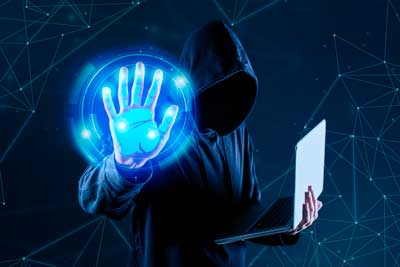 Business office overlaid with digital cybersecurity elements like firewalls, encryption, and biometric scans.