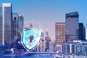 A globe surrounded by digital locks, shields, and network lines representing global cybersecurity and digital protection.