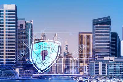 A globe surrounded by digital locks, shields, and network lines representing global cybersecurity and digital protection.