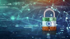 Cybersecurity professionals in India managing digital threats with shield, lock, and firewall icons on a tech map of India.