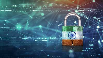 Cybersecurity professionals in India managing digital threats with shield, lock, and firewall icons on a tech map of India.