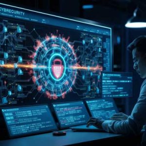 IT professionals monitoring cyber threats on a digital dashboard with shield icons representing managed security services.